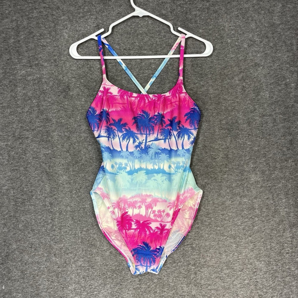 Vintage Catalina Swimsuit Size L Tropical Floral Pink Blue One Piece High Cut
